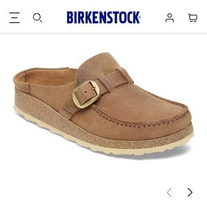 Birkenstock Tan Mules with Gold Buckle